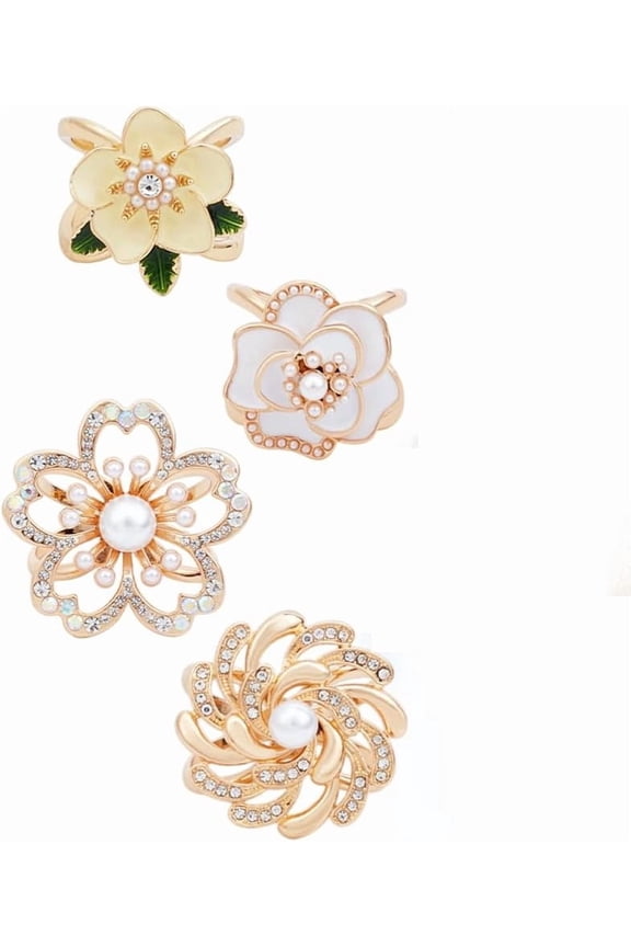 4Pcs 4 Styles Flower Zinc Alloy Scarf Ring Clip Shawl Button Brooches with Resin Pearl & Rhinestone Golden 24.5~40.5x23~41.5mm 1pc/style