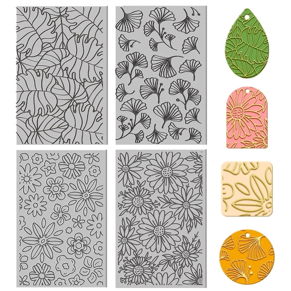 4Pcs 4 Styles Flowers and Plants Polymer Clay Texture Sheets Daisy Clay Modeling Pattern Pad Clay Texture Mat