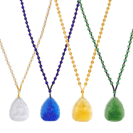 4Pcs 4 Styles Glass Embossed Guanyin Pendant Necklaces for Men Mixed Color 25.43~25.59 inch(64.6~65cm) 1pc/style