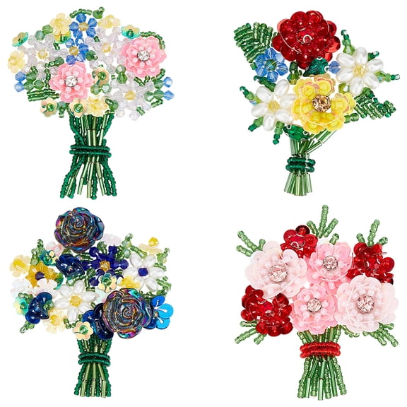 4Pcs 4 Styles Glass Seed Beads Sequin Flower Garment Accessories Bouquet Mixed Color 65~80x57~68mm 1pc/style