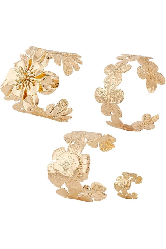 4Pcs 4 Styles Gold Flower Cuff Bangle Bracelets Set Boho Summer Beach Metal Adjustable Open Coil Upper Arm Cuff Armband Jewelry with Ring Bulk for Women Party Costume Outfits Clubs Accessory