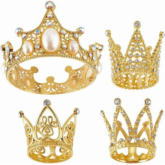 4Pcs 4 Styles Golden Cupcake Topper Flower Bouquets Kit Mixed Small Alloy Royal Princess Queen Plastic Peal Rhinestone Tiara for DIY