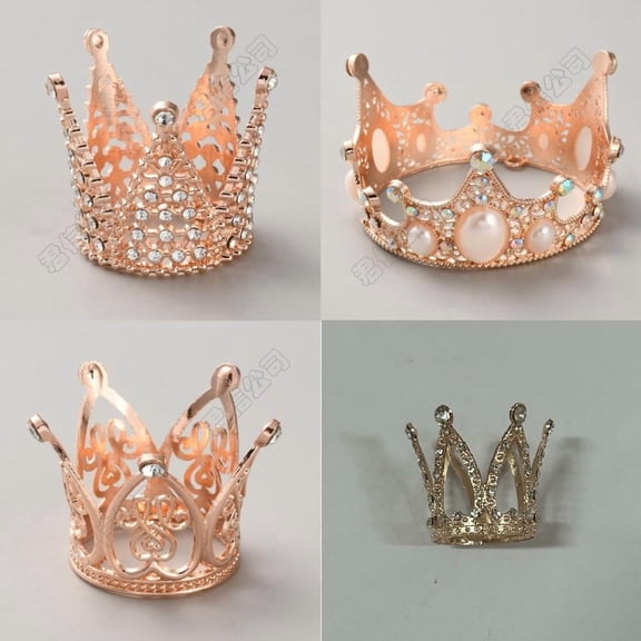 4Pcs 4 Styles Golden Cupcake Topper Flower Bouquets Kit Mixed Small Alloy Royal Princess Queen Plastic Peal Rhinestone Tiara