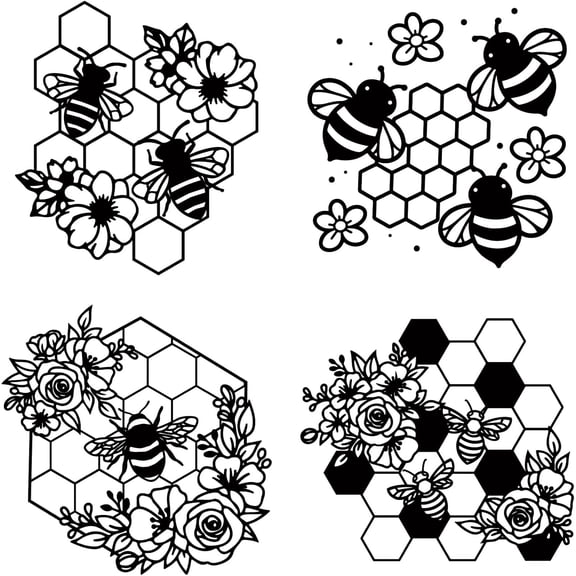 4Pcs 4 Styles Honey Bee Car Helmet Bumper Sticker Honeycomb Plastic Self Adhesive Vinyl Wall Decals 7.9" x 7.9" for Car Truck Motorcycle Window Bumper Laptop Cup Helmet Decoration Colorful