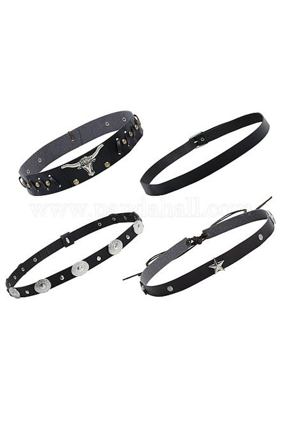4Pcs 4 Styles Imitation Leather Straw Hat Belt with Alloy Clasp Buckle Overlay Hat Band for Hat Accessories Black 590~1260x15~30.5x1~7mm 1pc/style