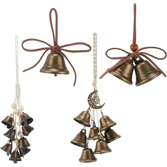 4Pcs 4 Styles Iron Bell Wind Chimes Bells for Door Knob Wood Beads and Cotton Cord Hanging Ornaments Bronze 90-265mm 1pc/style