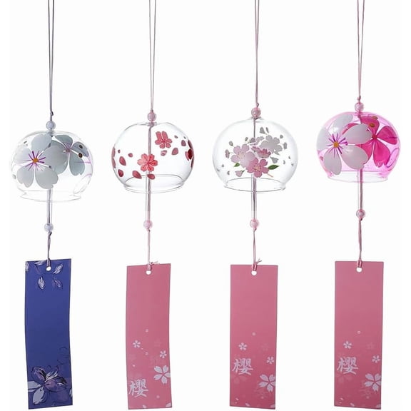 4Pcs 4 Styles Japanese Wind Chimes Romantic Flowers Glass Wind Bells with Label Japanese Style Suncatcher