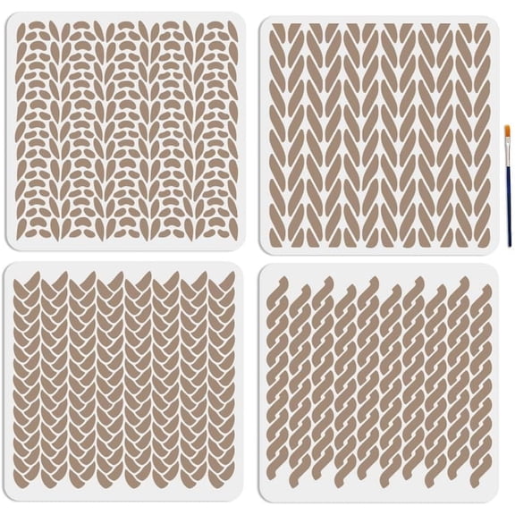 4Pcs 4 Styles Knit Theme PET Hollow Out Drawing Painting Stencils for DIY Scrapbook Photo Album with 1PC Art Paint Brushes Mixed Shapes 300x300mm 1pc/style