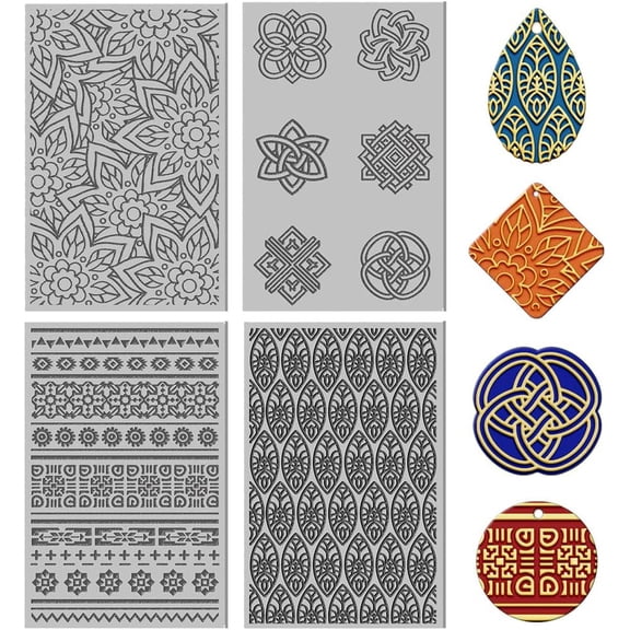 4Pcs 4 Styles Mandala Lace Polymer Clay Texture Sheets Flowers Clay Modeling Pattern Pad Clay Texture Mat for Making Earrings Jewelry Earrings Necklaces Handicrafts 3.9x2.6Inch DIY