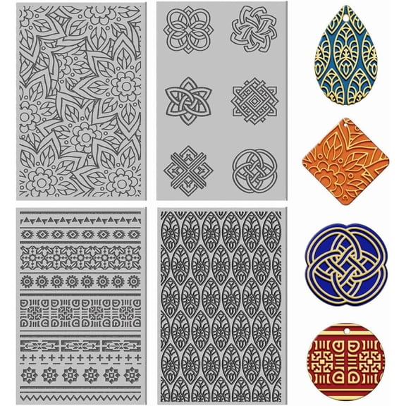 4Pcs 4 Styles Mandala Lace Polymer Clay Texture Sheets Flowers Clay Modeling Pattern Pad Clay Texture Mat for DIY