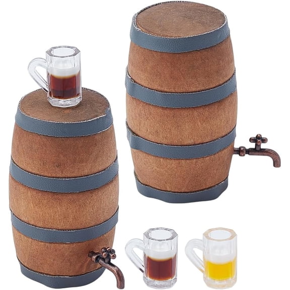 4Pcs 4 Styles Mini Wooden Wine Barrel Miniature Beer Barrel with Zinc Alloy Findings Mini Resin Beer Cup for Dollhouse Accessories for Handmade