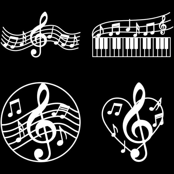 4Pcs 4 Styles Music Note Auto Emblem Decals Stickers 7.9" x 7.9" White Waterproof Self Adhesive Musical Piano Reflective Cars Decals for Bumper Vehicle Motorcycle Body Window Side Door Silver