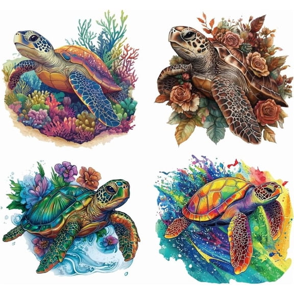 4Pcs 4 Styles Ocean Theme Plastic Heat Transfer Film Logo Stickers Set for DIY T-Shirt Bags Hats Jackets Turtle 191~230x226~230mm 1pc/style