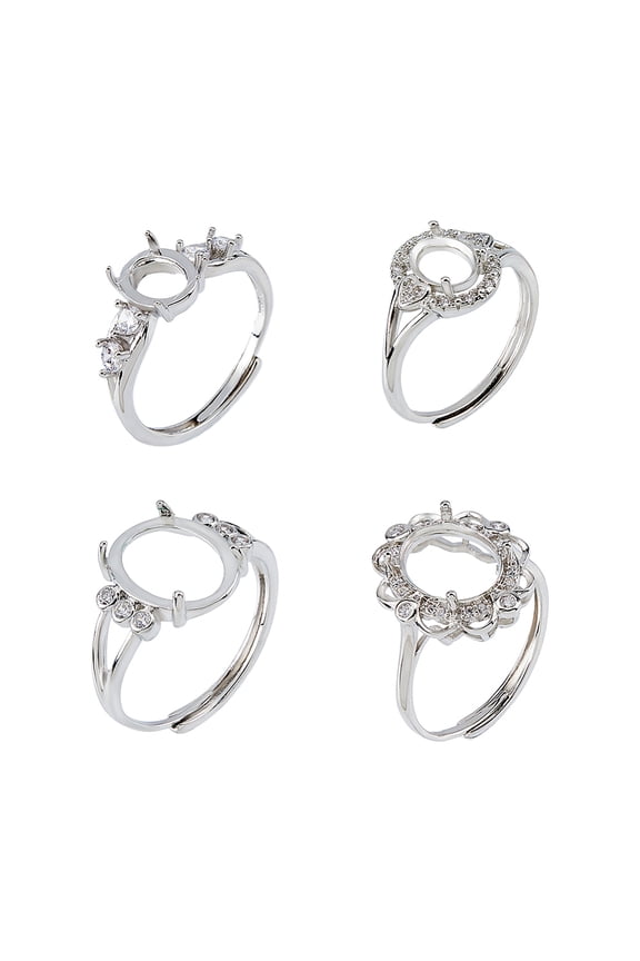4Pcs 4 Styles Oval Brass Rhinestone Adjustable Ring Components Prong Ring Settings Platinum Tray: 7.5~14x6~11mm Inner Diameter: 17~18.5mm