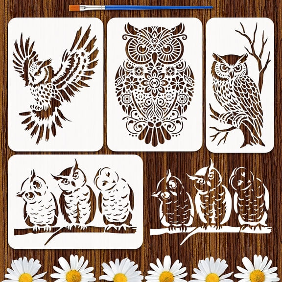4Pcs 4 Styles PET Hollow Out Drawing Painting Stencils for DIY Scrapbook Photo Album Owl 297~300x150~210mm 1pc/style diy