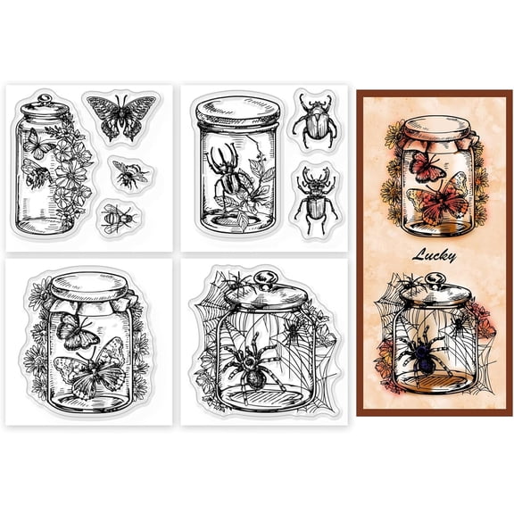 4Pcs 4 Styles PVC Stamp for DIY Scrapbooking Insects 55x55mm 1pc/style for DIY Cratf