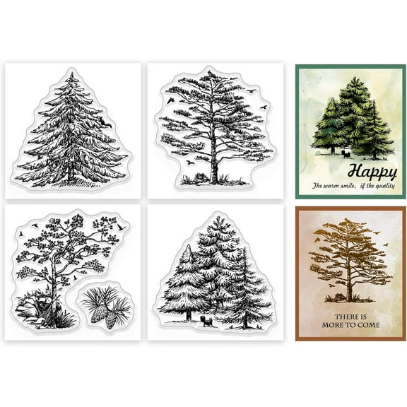 4Pcs 4 Styles PVC Stamp for DIY Scrapbooking Pine Tree 55x55mm 1pc/style