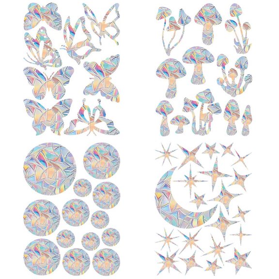 4Pcs 4 Styles PVC Window Static Stickers Waterproof 3D Laser Electrostatic Glass Window Decals for Window Decoration Mixed Shapes
