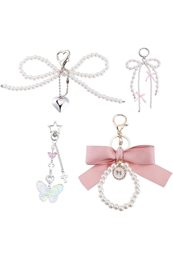 4Pcs 4 Styles Pearl Keychains Aesthetic Keychain Pearl Wristlet Keychain Bowknot Butterfly Keyring Bag Charm Keys Charms for Women Girls Car Keys Purse Bags