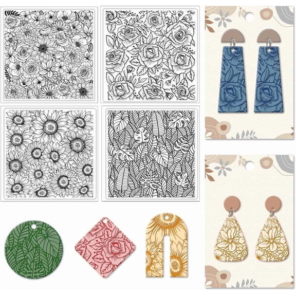 4Pcs 4 Styles Plants Flowers Polymer Clay Texture Sheets Clay Modeling Pattern Pad Clay Texture Mat for Making Earrings Jewelry Earrings Necklaces Handicrafts 5.5x5.5Inch White DIY