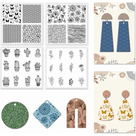 4Pcs 4 Styles Plants Polymer Clay Texture Sheets Flowers Clay Modeling Pattern Pad Clay Texture Mat for Making Earrings Jewelry Earrings Necklaces Handicrafts 5.5x5.5Inch White