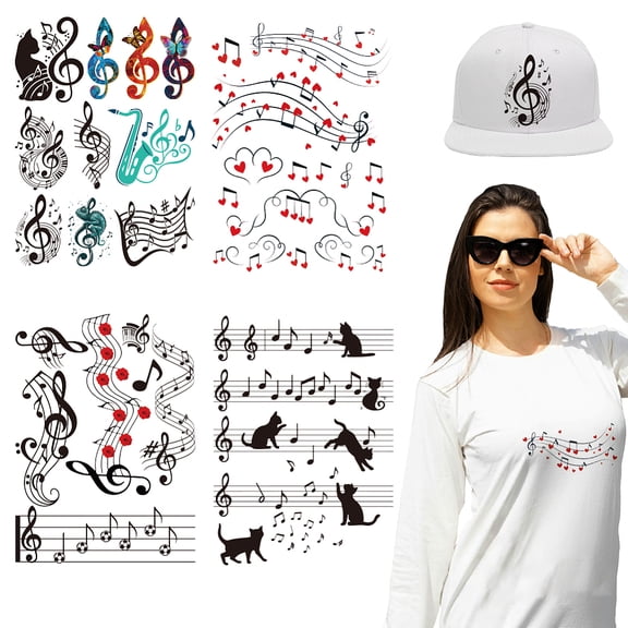 4Pcs 4 Styles Plastic Heat Transfer Film Logo Stickers Set for DIY T-Shirt Musical Note 290x210mm 1pc/style