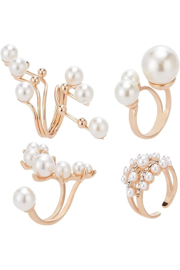 4Pcs 4 Styles Plastic Imitation Pearl Beaded Open Cuff Ring Alloy Rings for Women Light Gold Inner Diameter: 17.4~20mm 1Pc/style for Handmade