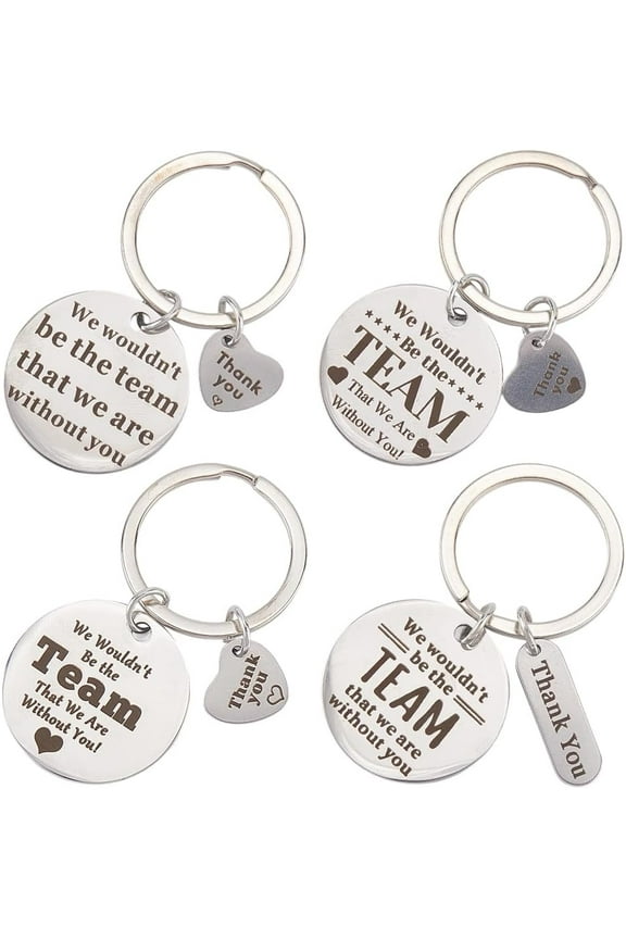 4Pcs 4 Styles Retirement Gift Keychain Team Key Chains Silver Round Words Employee Thank You Stainless Steel Charms Keychains Accessories for Handbags Car Keys Bags Purse DIY Decor
