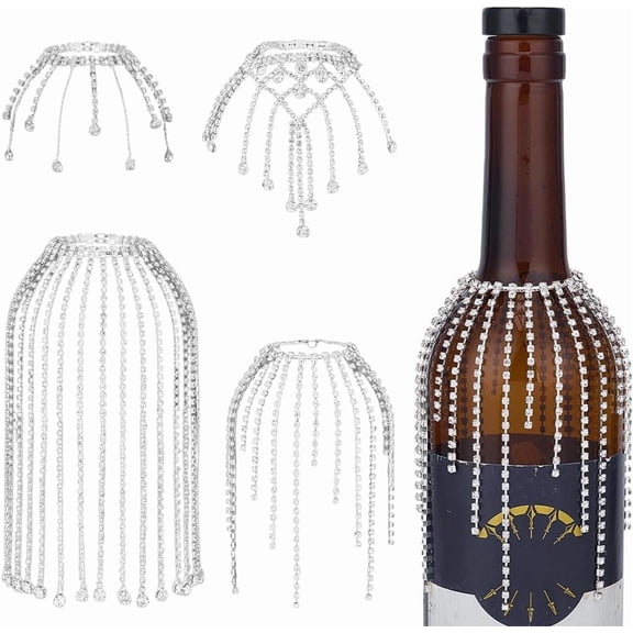 4Pcs 4 Styles Rhinestone Wine Bottle Decoration Jewel Tassel Wines Bottle Short Veil 4.7 Inch Rhinestone Tassel Wine Bottles Pendant Wines Bottles Cork Charms DIY