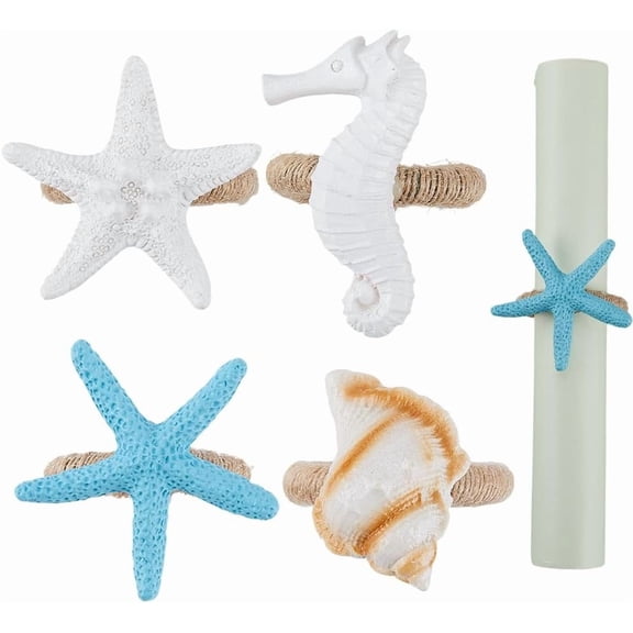 4Pcs 4 Styles Sea Napkin Rings White Blue Resin Jute Holiday Ocean Beach Starfish Conch Shell Seahorse Table Decoration Napkins Ring for Easter Banquet Celebration Wedding Party Dinner