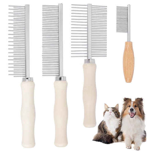 4Pcs 4 Styles Stainless Steel Combs Pet Supplies with Wooden Handles Mixed Color 110~193x26~51x11~20mm 1pc/style