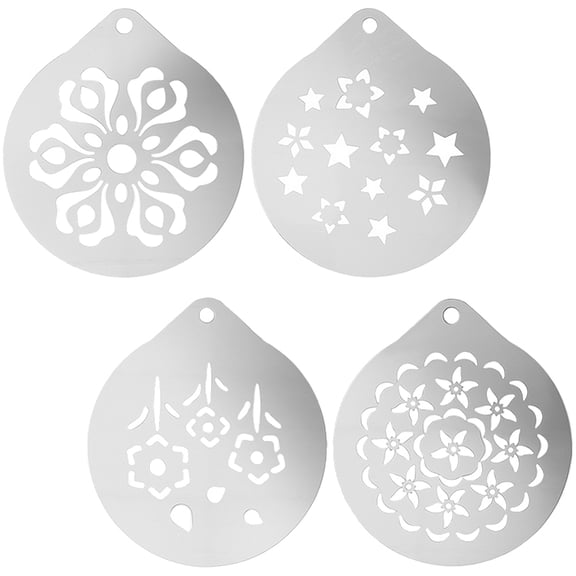 4Pcs 4 Styles Stainless Steel Flower Floral Star Hot Chocolate Foam Decorating Templates Coffee Stencil Set Silver Metal Stencils diy