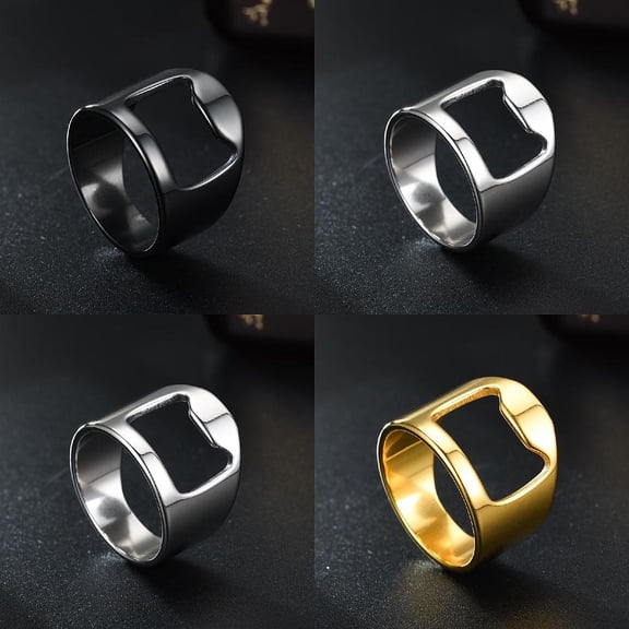 4Pcs 4 Styles Stainless Steel Hollow Finger Rings Bottle Opener Rings Mixed Color Inner Diameter: 18.5~20.5mm 1pc/style