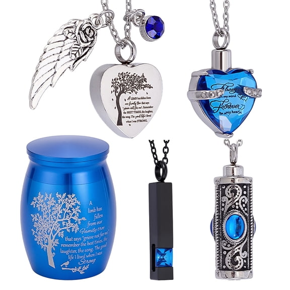 4Pcs 4 Styles Stainless Steel Rhinestone Pendant Urn Ashes Necklaces with 1Pc Stainless Steel Kinsfolk Cremains Container Mixed Shapes Mixed Color