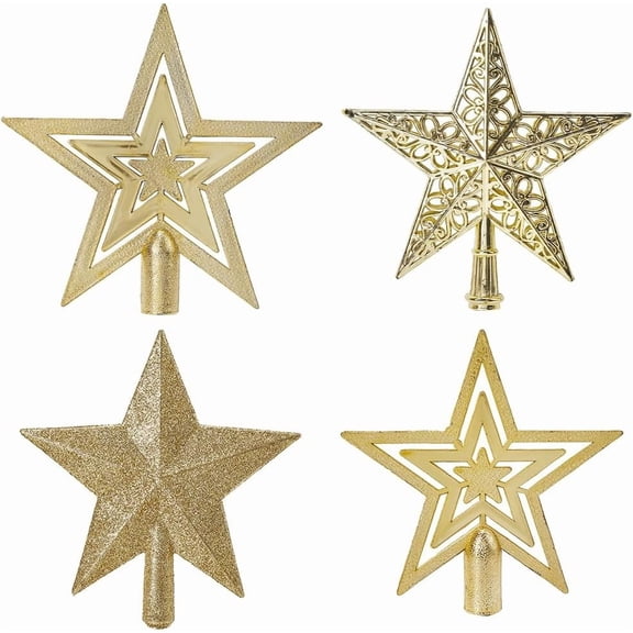 4Pcs 4 Styles Star Plastic Christmas Tree Topper 3D Star Topper Ornaments Decorations Hollow with Golden Snowflake Projector for Christmas Tree Party Decoration Display 5.19x6.69 Inch Gold