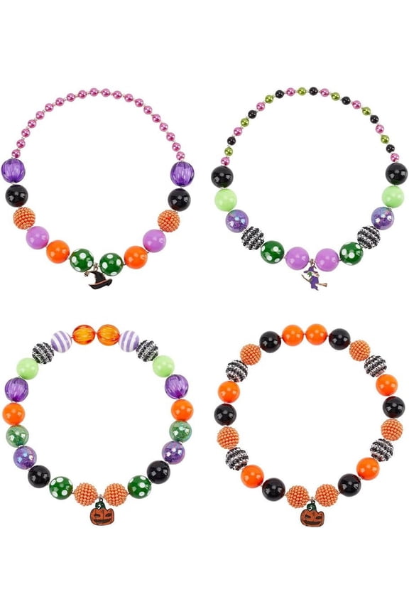4Pcs 4 Styles Theme Plastic Imitation Pearl & Acrylic & Resin Beaded Necklaces Set Pumpkin & Hat Alloy Enamel 18.90 inch(48cm) 1Pc/style