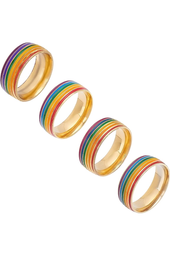 4Pcs 4 Styles Titanium Steel Wide Band Ring Rainbow Stainless Steel Ring Golden Love Finger Knuckle Rings Size 6-10 Wide Flat Pride Ring Wedding Ring for Men Women Colorful DIY