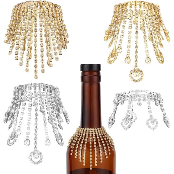 4Pcs 4 Styles Wine Bottle Rhinestone Jewel Tassel 4.7 Inch Rhinestone Tassel Wine Bottle Pendant Champagne Bottles Cork Charms for Party Bottles Wedding Champagne Decorations