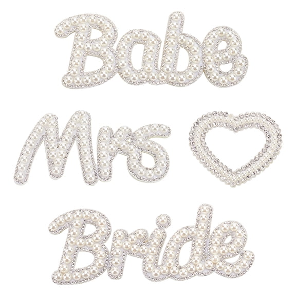 4Pcs 4 Styles Word Non-Woven Fabrics Computerized Embroidery Iron on/Sew on Patches with Acrylic Beads and Rhinestone Mixed Shapes