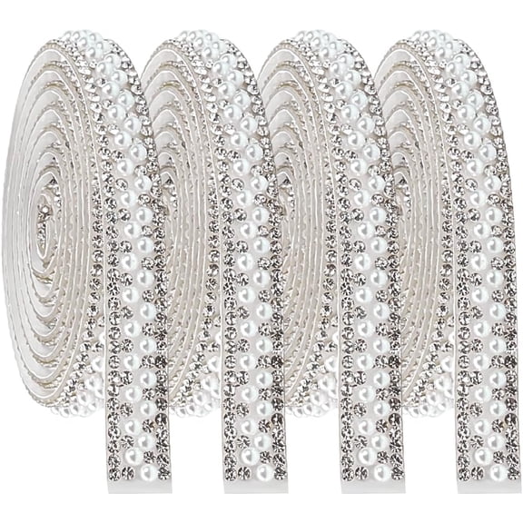 4Pcs 4 Yards Pearl Ribbon White Self Adhesive Pearl Rhinestone Ribbon Rhinestone Trim Sticker Strips Trim for Crafts DIY Wedding Birthday Party Phone Shoes Clothes Decoration