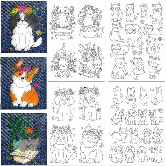 4Pcs 43Pcs Cats and Dog Water Soluble Stabilizer A4 Flower with Animal Embroidery Pattern Transfers DIY