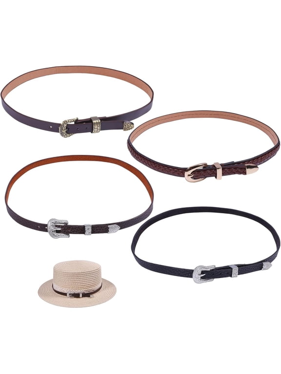 4Pcs 4Style Cowboy Hat Bands Western PU Leather Hats Belt Replacement with Alloy Clasps Rancher Fedora Strap Rodeo Headbands for Men Women Multi-color DIY