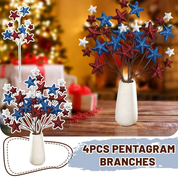 4Pcs 4Th Of July Decor Star Twig Picks With Flashy Berries, Patriotic Red Blue Stars For Independence Day Decorations, Artificial Star Picks For Home Party Display