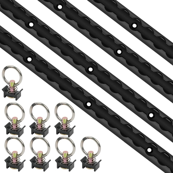 4Pcs 4ft L-Track, Aluminum L Tracks Tie Down System with 8 Single Stud O-Ring Fittings and Mounting Screws, Heavy Duty L Track Rail for Truck, Trailers, Motorcycles, ATVs and Bikes, Black