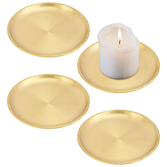 4Pcs 5.6 Inch Flat Round Metal Candle Holder Plate Golden Stainless Steel Jewelry Plates Gold Candle Holders Decor for Coffee Table Countertop