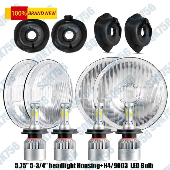 4Pcs 5.75" Round Glass Headlight Housing + 4x H4 LED Headlight Bulbs Hi/Lo Beam