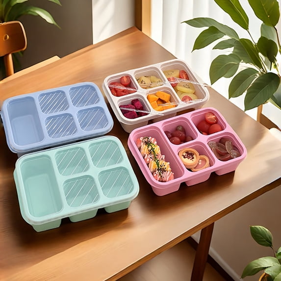 4Pcs 5 Compartments Bento Snackle Box Containers With A Transparent Rubber Lid Separate Snacks Prevent Cross Taste Divided Reusable Food Storage Containers(Pink-B0