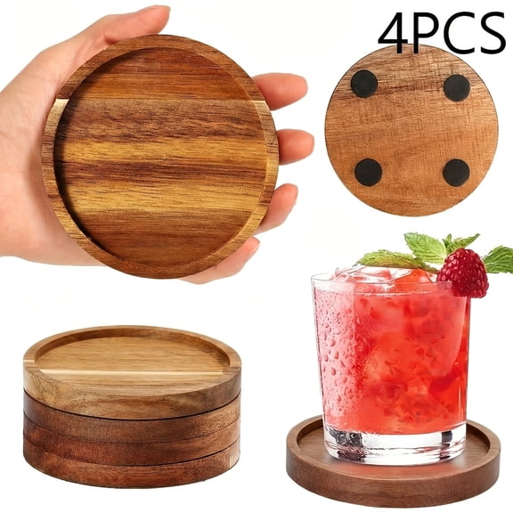 4Pcs 5 Inch Round Acacia Wood Coasters, Natural Wood Grain Heat Resistant Mats, Stackable Table Protector for Coffee Table, Housewarming Christmas Gift