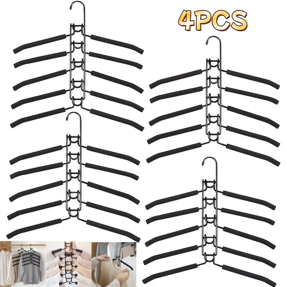 4Pcs 5-Layer Space-Saving Hangers, Heavy-Duty Metal with Anti-Slip Foam Pads, Vertical Hangers for Closet Organization, Holds Coats, Shirts, Suits & T-Shirts