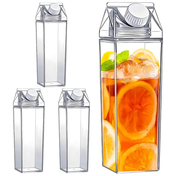 4Pcs 500ml Milk Carton Water Bottle Plastic Transparent Square Drinking Mug 2 Spouts Leak Proof Large Capacity Cup Easy to Pour Portable Milk Carton Mug Suitable for Travelling